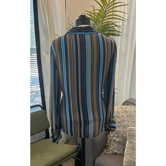 Rena Rowan Women’s Blouse 100% Silk Sz 12 Button Down Striped Vintage Blue Brown - Picture 2 of 4